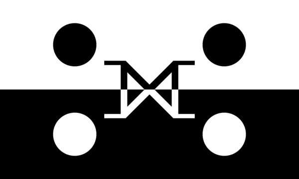 The leptrois flag, a two colored flag with the top half being white with two black dots, the bottom half being black with two white dots, and the center featuring a full outer join symbol in the center.